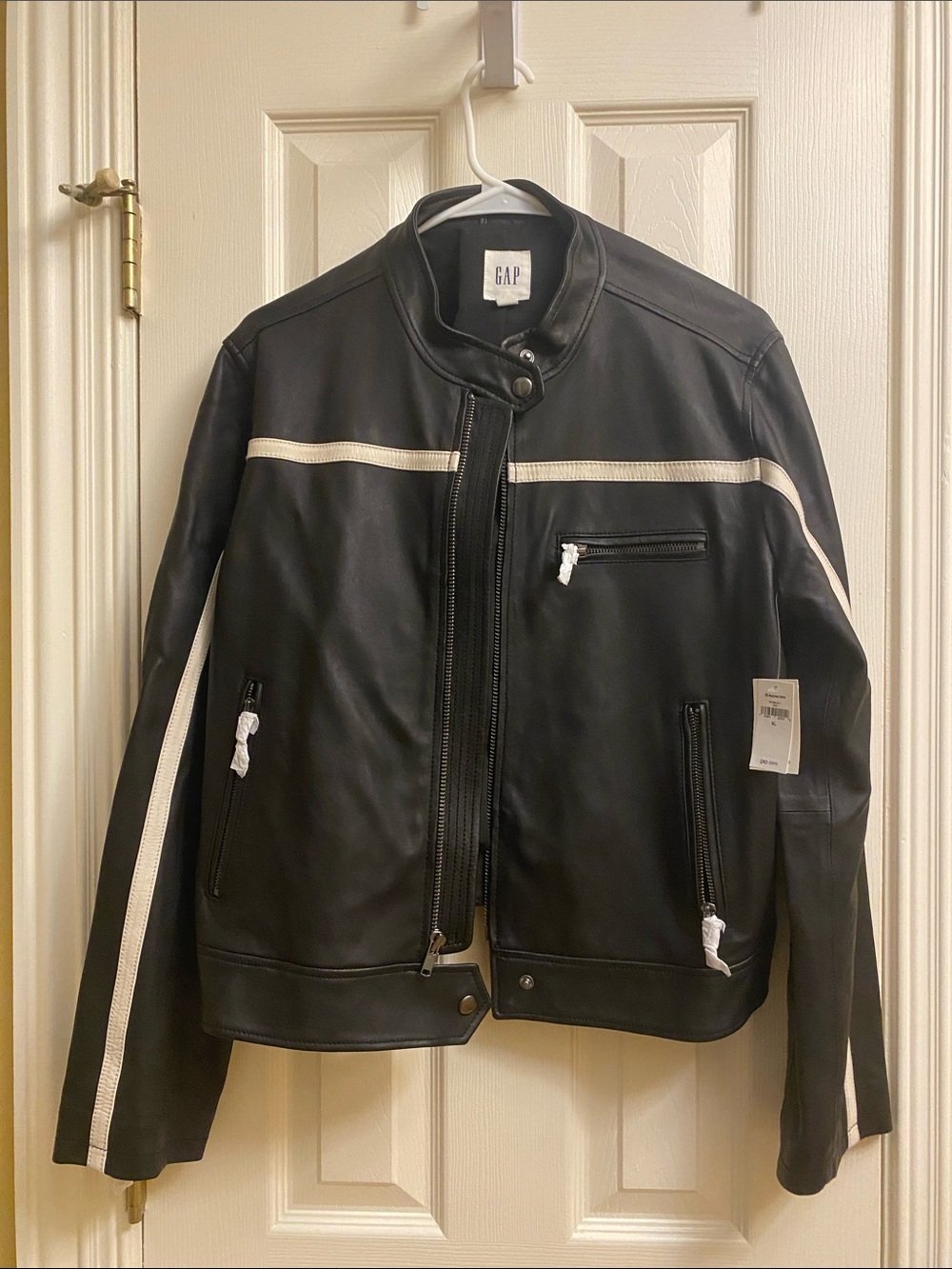 NWT GAP Black Leather Moto Jacket with White Stripes XL